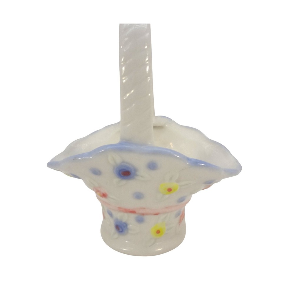 Vintage Miniature Ceramic Floral Basket Hand Painted White Blue Porcelain Decor